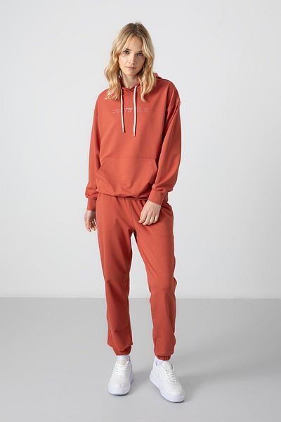TOMMY LIFE Γυναικεία αθλητική φόρμα Oversize με κουκούλα τσέπης καγκουρό χρώματος κανέλας - 95288