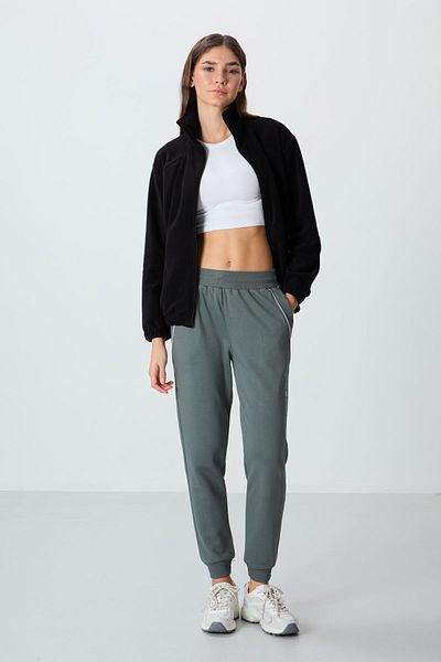 TOMMY LIFE Khaki Compact Cotton Thick Smooth Textured Standard Fit Women's Sweatpants - 94660