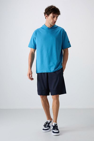 TOMMY LIFE Pantaloni scurți pentru bărbați, din bumbac, albastru marin, gros, texturați, moale, cu imprimare confortabilă - 81265