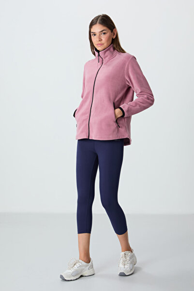 TOMMY LIFE Dried Rose Stand Collar Zippered Comfortable Form Women's Fleece Sweatshirt - 97173