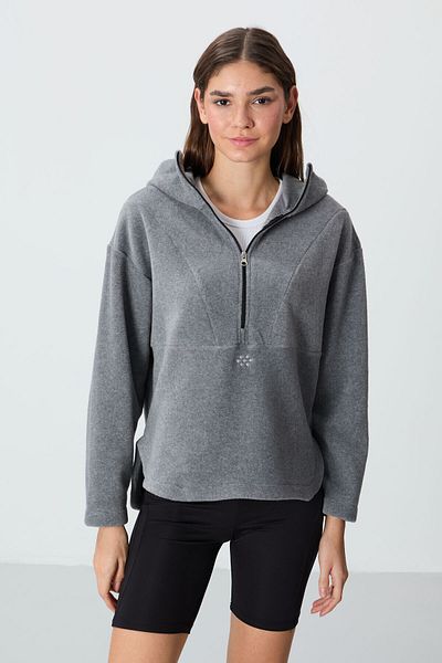TOMMY LIFE Γκρι κεντημένο oversize φλις γυναικείο φούτερ - Χοντρή απαλή υφή και κουκούλα -97286