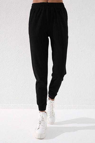 TOMMY LIFE Pantaloni de sport negri cu talie înaltă Jogger, cu formă confortabilă, cu manșete, pentru femei - 94561