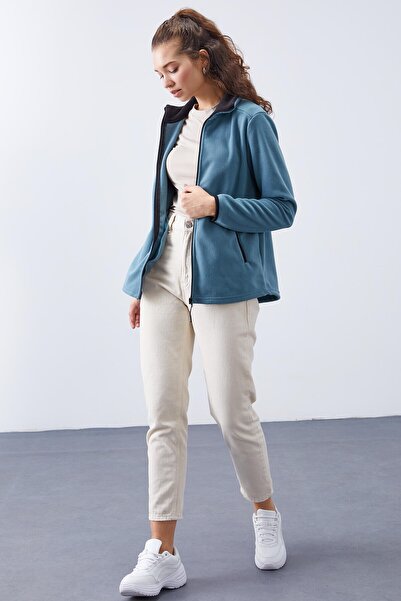 TOMMY LIFE Mint Green Stand Collar Zippered Comfortable Form Women's Fleece Sweatshirt - 97173