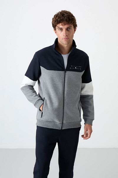 TOMMY LIFE Ανδρική φόρμα φόρμας Navy Blue Grey Melange - Stand Collar Fleece - 85186