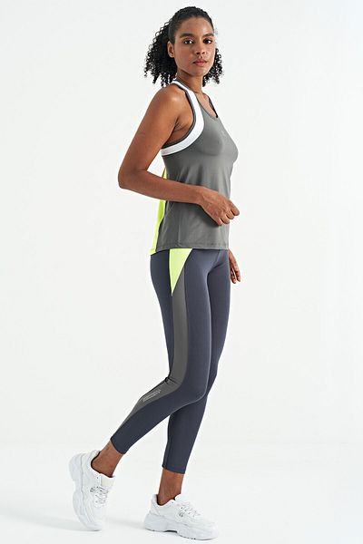 TOMMY LIFE Anthracite Stripe Detailed High Waist Slim Fit Women's Leggings - 94636