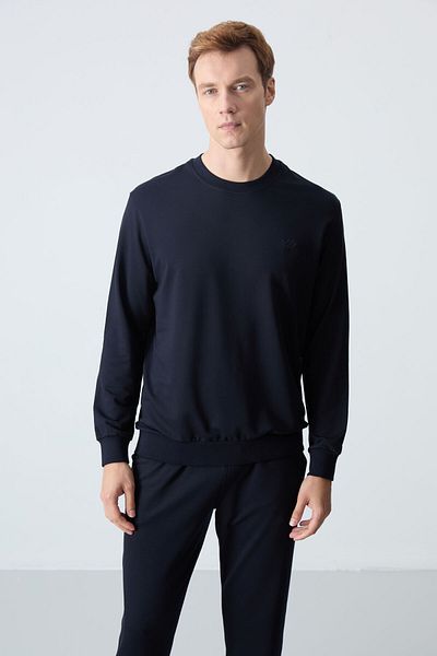 TOMMY LIFE Thick Soft Textured Navy Blue Men's Tracksuit Set - Comfort Fit Basic - 85256