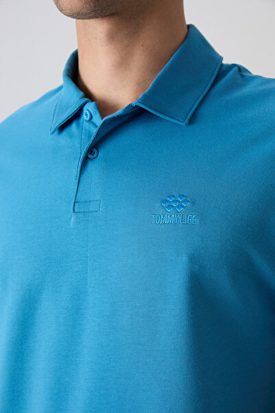 TOMMY LIFE Ανδρικό μπλουζάκι με λαιμόκοψη βασικού πόλο από βενζινοκίνητο μπλε βαμβακερό χοντρό μαλακό ανάγλυφο - 88348