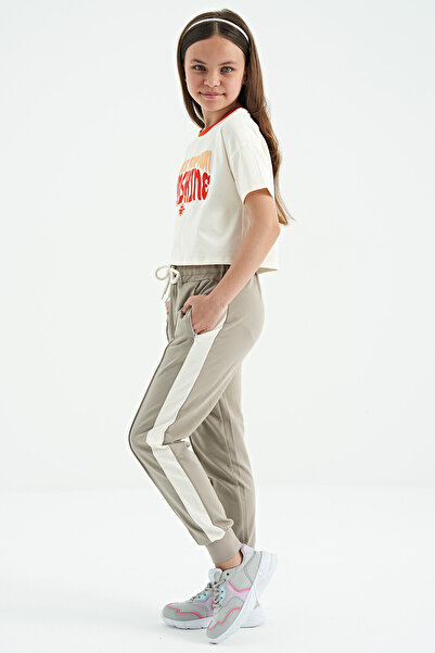 TOMMY LIFE Girl's Jogger Sweatpants - Hidden Zipper and Pocket Detail, Side Band, Dark Beige - 75122
