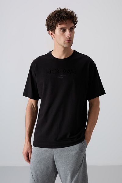 TOMMY LIFE Μαύρο βαμβακερό ανδρικό μπλουζάκι με χοντρή μαλακή υφή Oversize Fit Printed - 88328