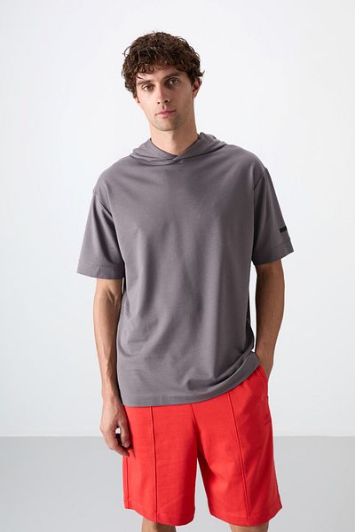 TOMMY LIFE Dark Gray Cotton Thick Soft Textured Oversize Fit Basic Men's T-Shirt - 88352