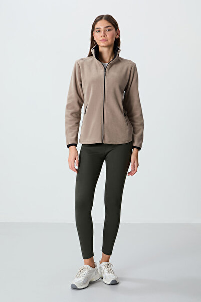 TOMMY LIFE Dark Beige Stand Collar Zip Comfortable Form Women's Fleece Sweatshirt - 97173