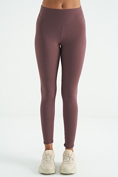 TOMMY LIFE Jambiere de damă cu nervuri, cu talie înaltă, cu detaliu maro, cu tuburi - 94643