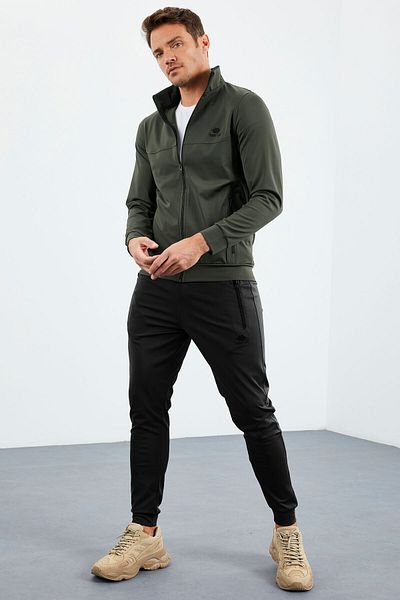 TOMMY LIFE Set de trening pentru bărbați, kaki-negru, cu guler ridicat, cu fermoar, cu manșetă, 85160