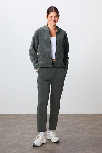 TOMMY LIFE Γυναικεία αθλητική φόρμα με κέντημα χακί Oversize Fleece - Χοντρή απαλή υφή, με κουκούλα -95338