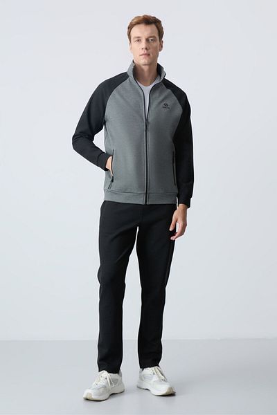 TOMMY LIFE Çağla Μαύρη ανδρική φόρμα αθλητικής φόρμας - γιακάς, διπλό χρώμα, άνετη φόρμα - 85113