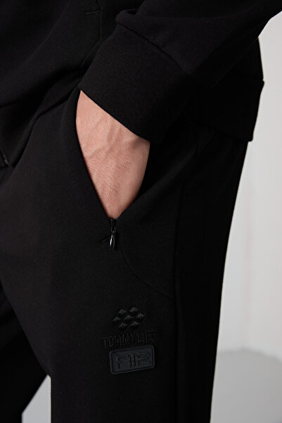 TOMMY LIFE Μαύρο βαμβακερό σετ ανδρικής φόρμας φόρμας με στάμπα, με απαλή υφή, σετ ανδρικής φόρμας - 85236