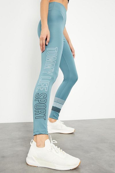 TOMMY LIFE Mint Green High Waist Text Printed Slim Fit Skinny Leg Women's Leggings - 94544