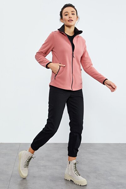 TOMMY LIFE Stand Collar and Zippered Wild Rose Women's Fleece Sweatshirt - 97173