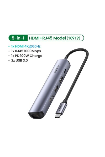 Ugreen يو جرين | محول USB-C إلى 2*USB 3.0 A+HDMI+RJ45+PD|رمادي