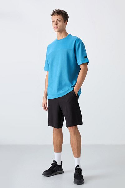 TOMMY LIFE Ανδρικό μπλουζάκι Petrol Blue Cotton Thick Surface Textured Oversize Fit Basic - 88340