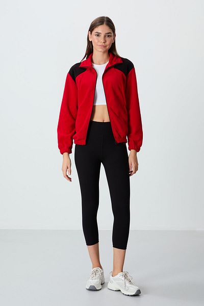 TOMMY LIFE Red Thick Soft Textured Stand Collar Oversize Embroidered Fleece Women's Sweatshirt - 97293