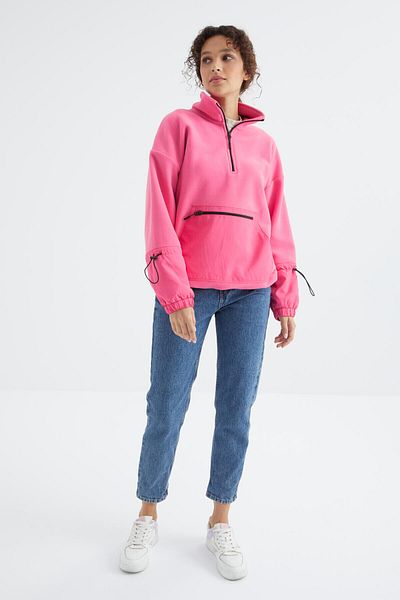 TOMMY LIFE Candy Pink Oversize Fleece Sweatshirt - Half Zipper, Gathered Hem - 97238