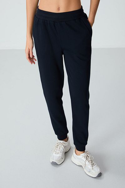 TOMMY LIFE Pantaloni de trening pentru femei, albastru bleumarin, din bumbac compact, cu textura netedă, cu potrivire standard - 94660