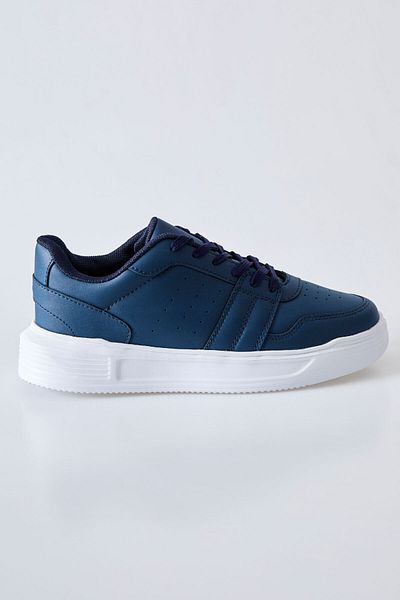 TOMMY LIFE Faux Leather Men's Sports Shoes Navy Blue Lace-up Perforated - 89125