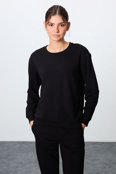 TOMMY LIFE Γυναικεία αθλητική φόρμα χοντρή λεία υφή Μαύρη O λαιμόκοψη Oversize - 95341