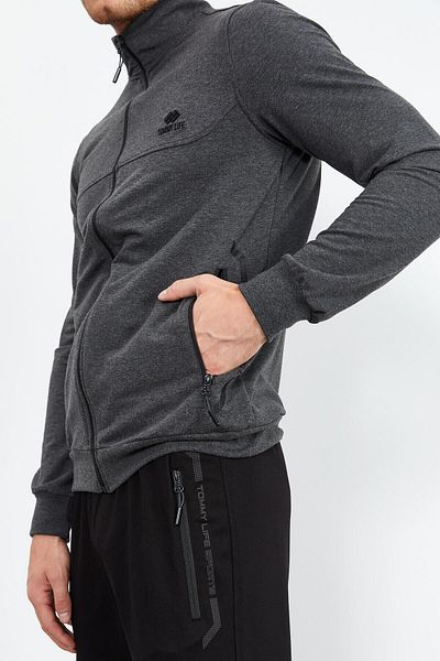 TOMMY LIFE Μαύρο Anthracite Melange - Stand Collar Ανδρικές φόρμες με φερμουάρ - 85152