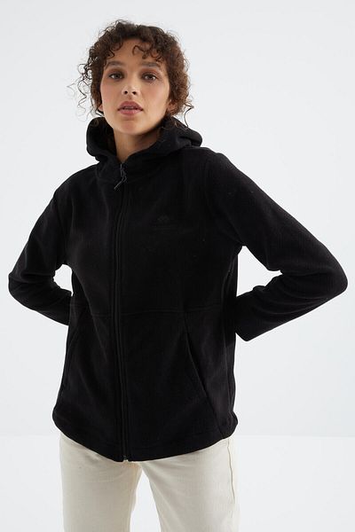 TOMMY LIFE Black Hooded Zippered Comfortable Form Women's Fleece Sweatshirt - 97233