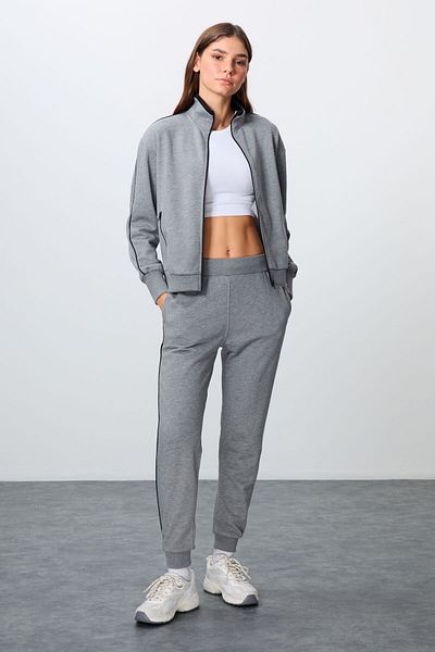 TOMMY LIFE Gray Melange Oversize Cotton Tracksuit Set - Stand Collar, Smooth Texture - 95340