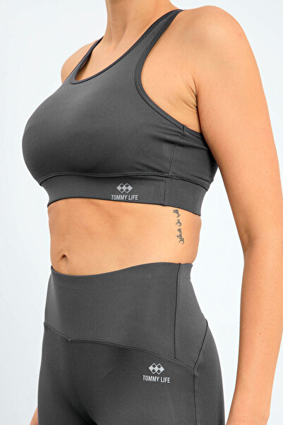 TOMMY LIFE High Waist Recovery Slim Fit Biker Bustier and Leggings Set - Dark Gray 95303