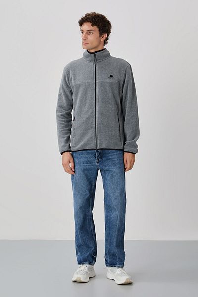 TOMMY LIFE Ανδρικό φούτερ Fleece - Grey Melange, Κεντημένος γιακάς, Φερμουάρ - 87992