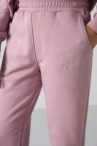 TOMMY LIFE Gül Kurusu Basic Pamuklu O Yaka Oversize Lastik Paça Kadın Eşofman Takım - 95287