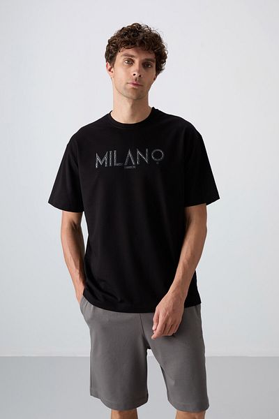 TOMMY LIFE Černá bavlna Silné pánské tričko s měkkým texturovaným oversize Fit s potiskem - 88345