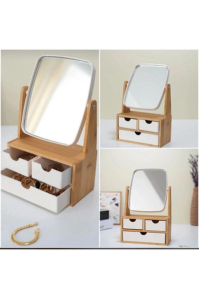 Bayev Bamboo 3 Drawer Mirrored Makeup and Jewelry Organizer - Organizer with Makeup Mirror