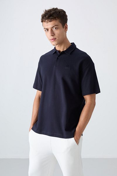 TOMMY LIFE Navy Blue Cotton Thick Soft Textured Oversize Fit Basic Polo Collar Men's T-Shirt - 88327