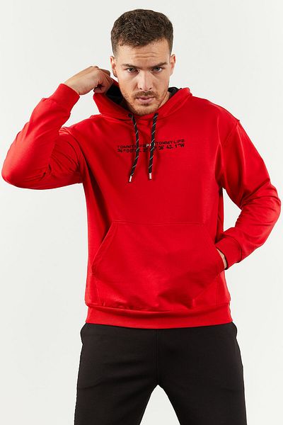 TOMMY LIFE Set de trening supradimensionat pentru bărbați - glugă roșie neagră, buzunar cangur - picior cauciucat - 85117