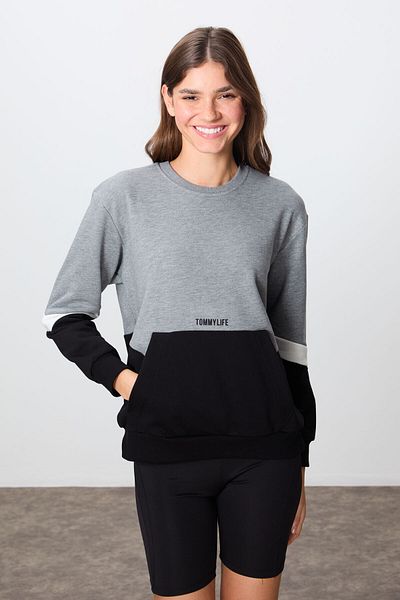 TOMMY LIFE Φούτερ Grey Melange Cotton Oversize - Thick Smooth, O Neck - 97289