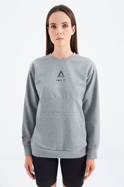 TOMMY LIFE Gray Melange O-Neck Pocket Detailed Oversize Women's Sweatshirt - 97276