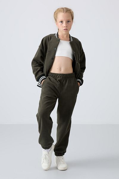 TOMMY LIFE Girl's Embroidered Khaki Fleece Sweatpants - Thick Soft Textured, Standard Fit - 75155