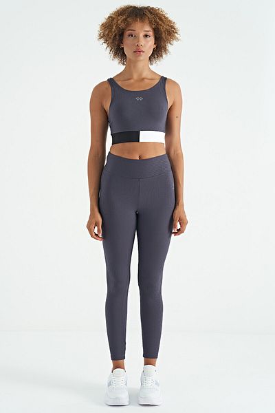 TOMMY LIFE Anthracite Color Blocked Logo Printed Slim Fit Ribbed Women's Bustier - 97275