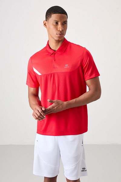 TOMMY LIFE Red Breathable Textured Thin Flexible Standard Fit Polo Neck Men's Performance T-Shirt - 88402