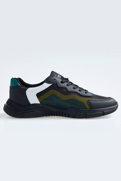 TOMMY LIFE Black Lace Up High Sole Men's Sports Shoes with Faux Leather Detail - 89117