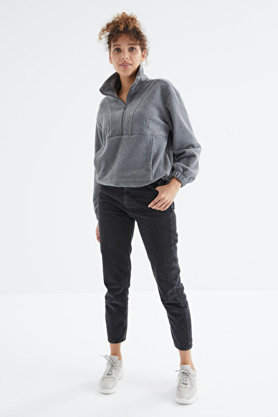 TOMMY LIFE Szürke melange félcipzáras szegély, ráncolt női polár oversize pulóver - 97171
