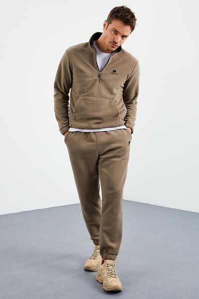TOMMY LIFE Set de trening pentru bărbați, camel, cu jumătate de fermoar, guler, picior din cauciuc - 85159