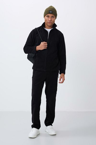 TOMMY LIFE Ανδρικό σετ φόρμας Fleece ΜΑΥΡΟ - Stand γιακά και τσέπη με φερμουάρ, Standard Fit - 85193