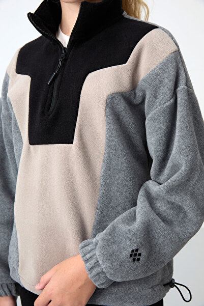 TOMMY LIFE Gri Melanj Kalın Yumuşak Dokulu Oversize Nakışlı Polar Kız Çocuk Sweatshirt - 75153