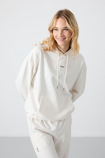 TOMMY LIFE Ecru Hooded Kangaroo Pocket Oversize Rubber Leg Women's Tracksuit Set - 95288